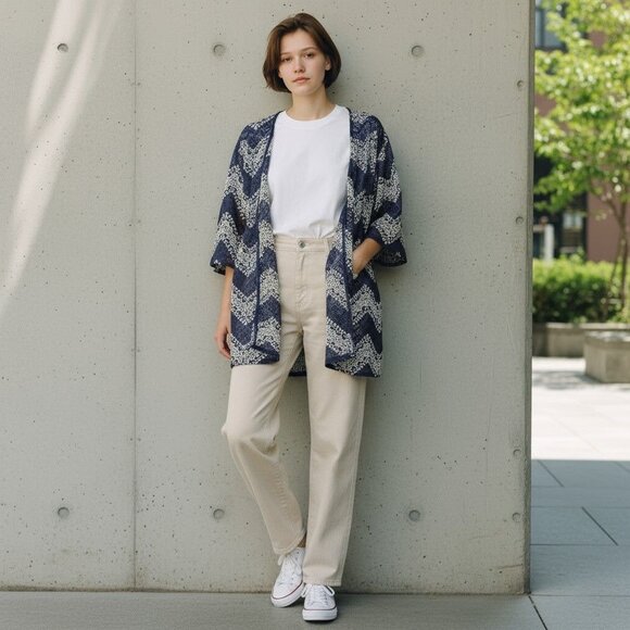 Xhilaration Navy Blue Cream Chevron Knit Cardigan Lightweight Medium Large M/L - Picture 1 of 6